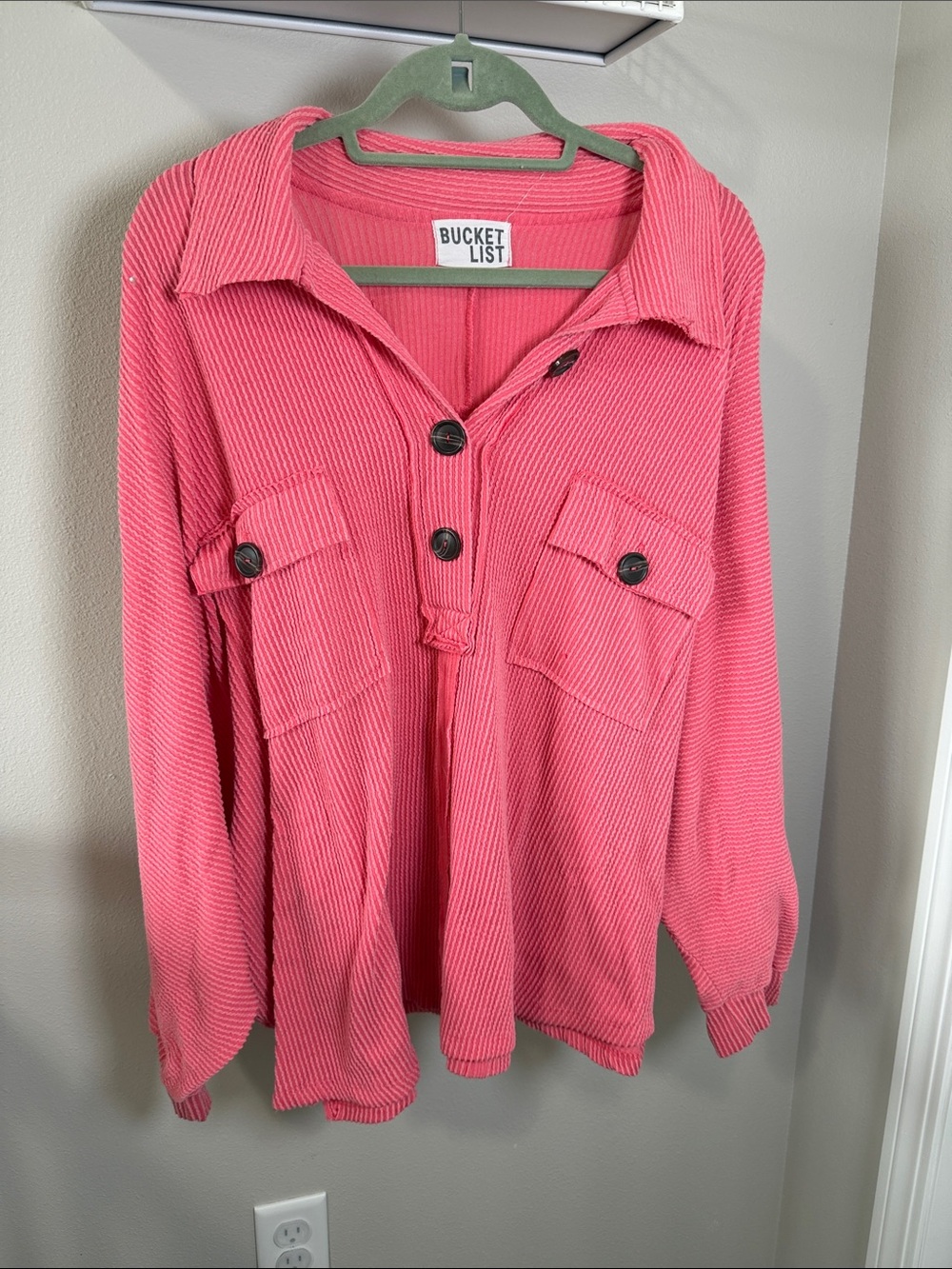 Bucket List Pink Button-Up Waffle Knit Pullover